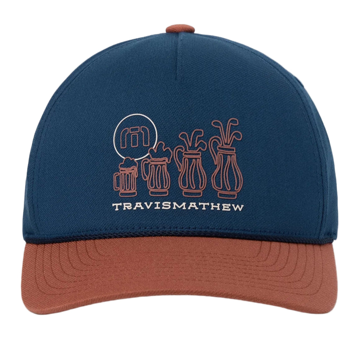 Blue and brown cap with Travis Mathew logo on a white background