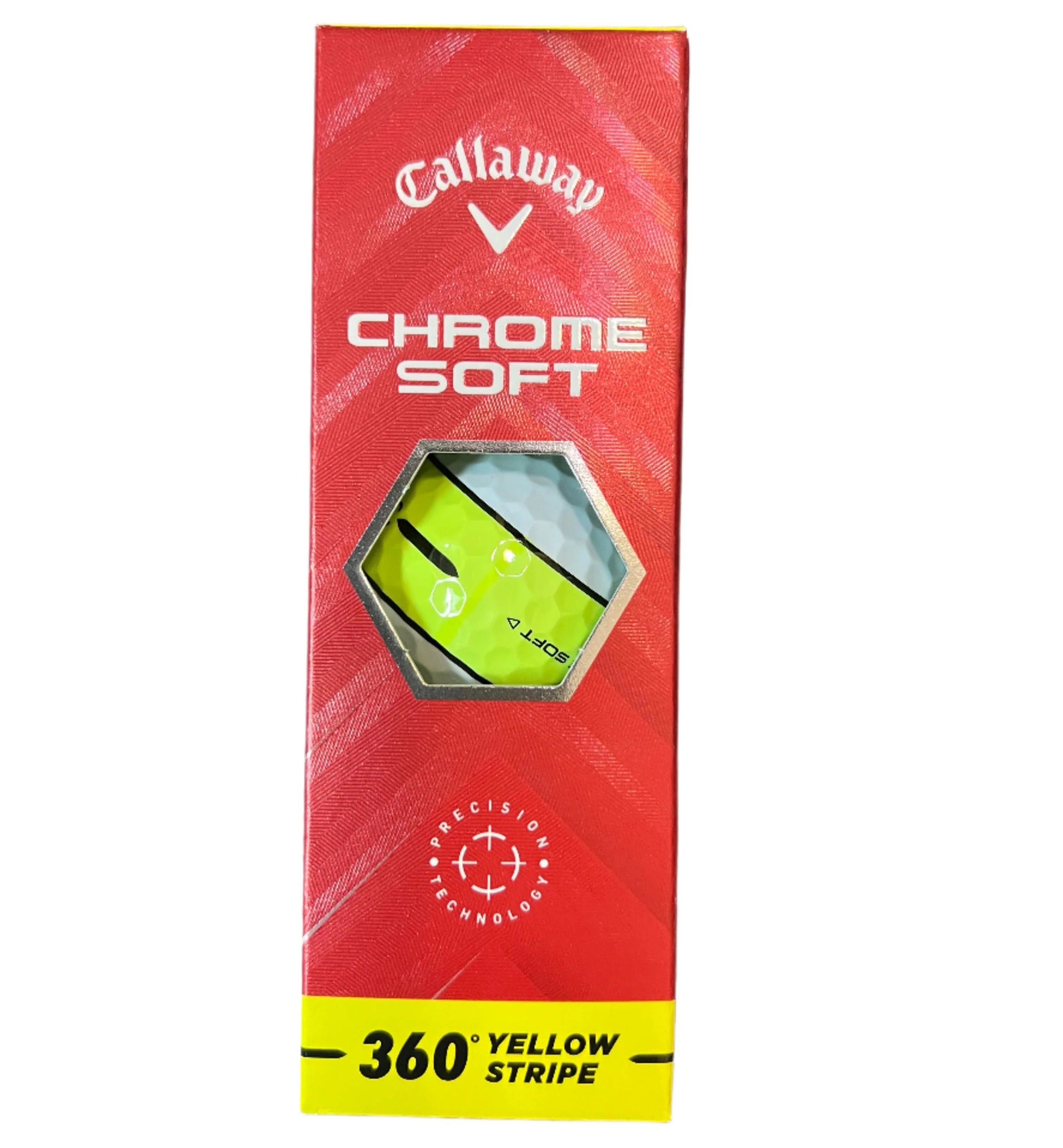 Callaway Chrome Soft golf ball packaging with red and yellow design on a white background