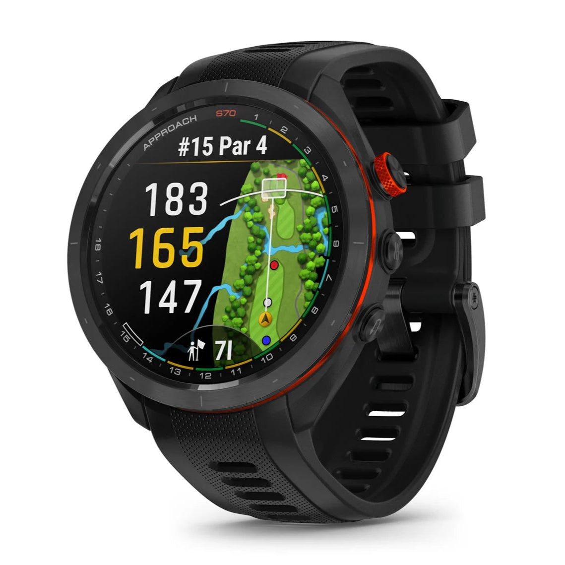 A Garmin Approach S70 47MM GPS golf watch with a black band and black case, displaying a colorful screen showing course layout