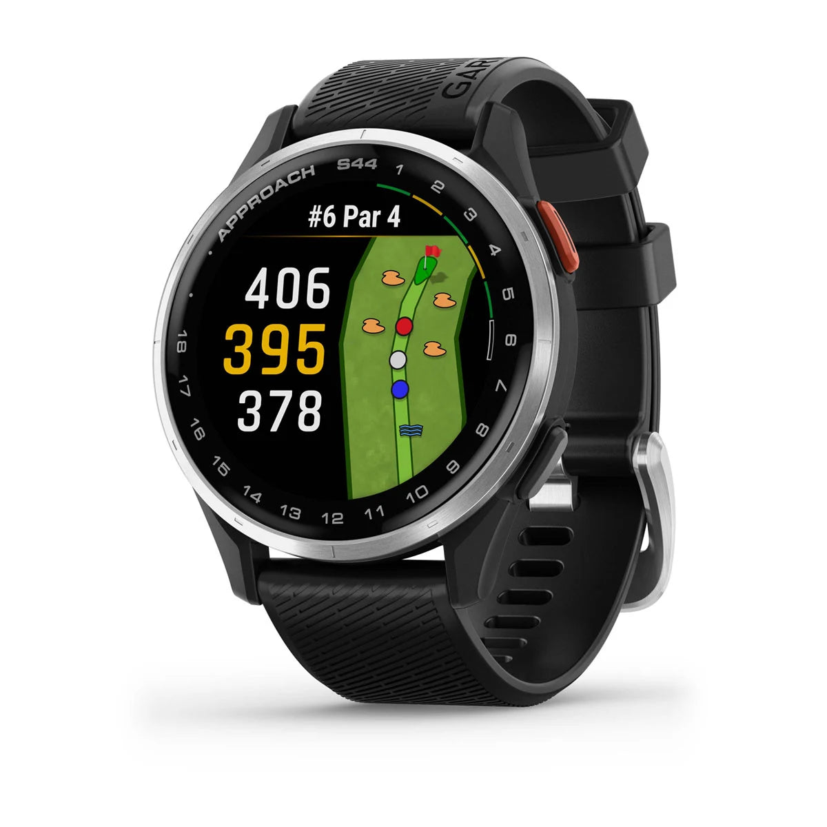 A Garmin Approach S44 GPS golf smartwatch with a black band and case, displaying a colorful screen showing distance metrics on a golf course.