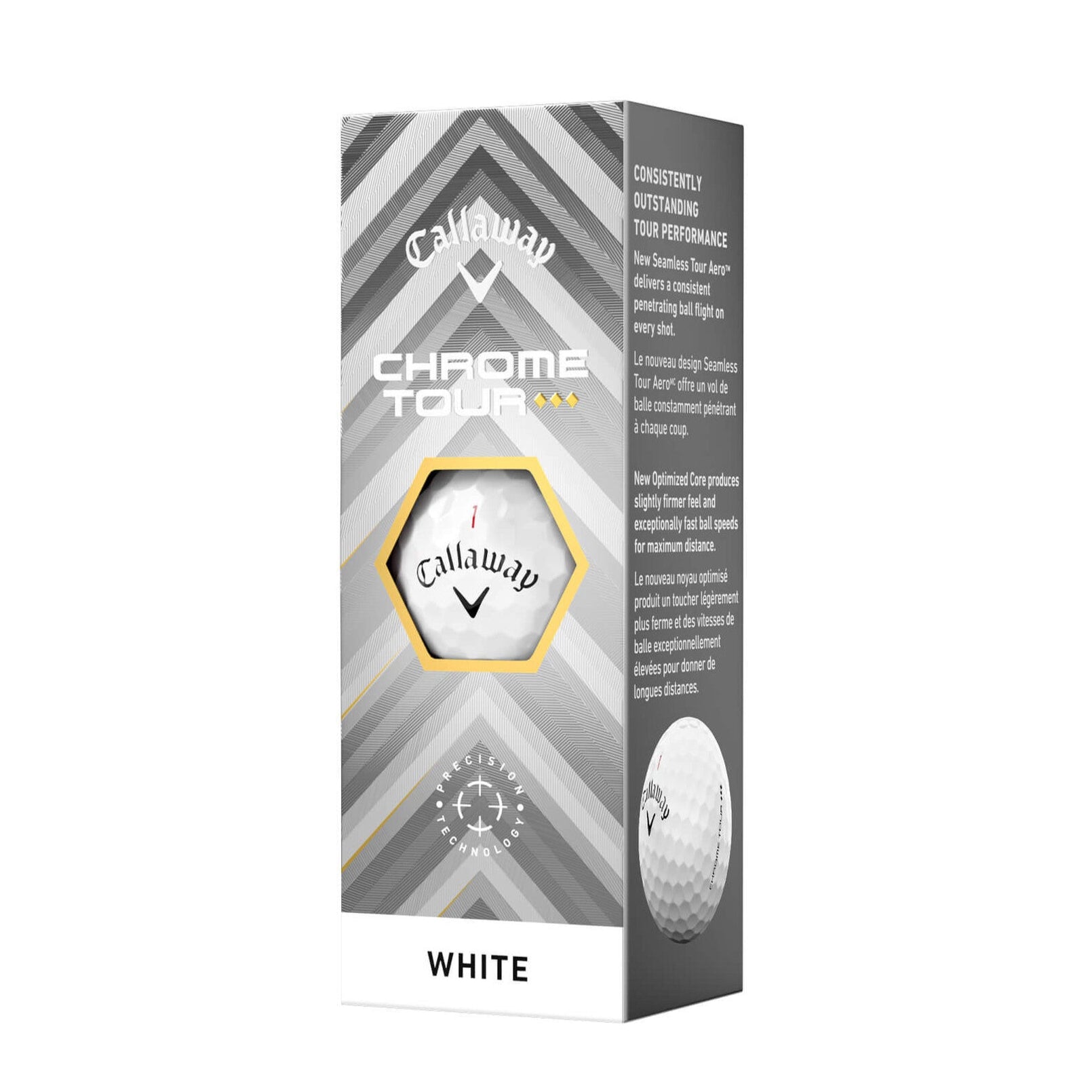 A sleeve of Callaway Chrome Tour Triple Diamond golf balls with packaging displaying the product name and design details.