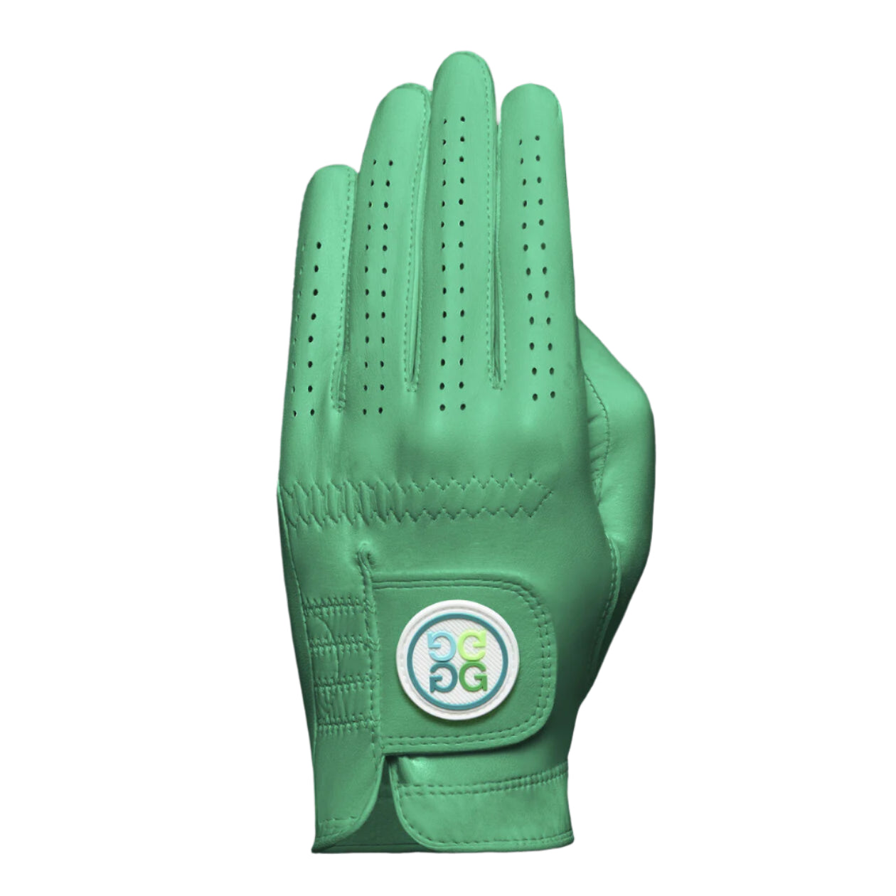 Green golf glove with a G/Fore logo on a grey background