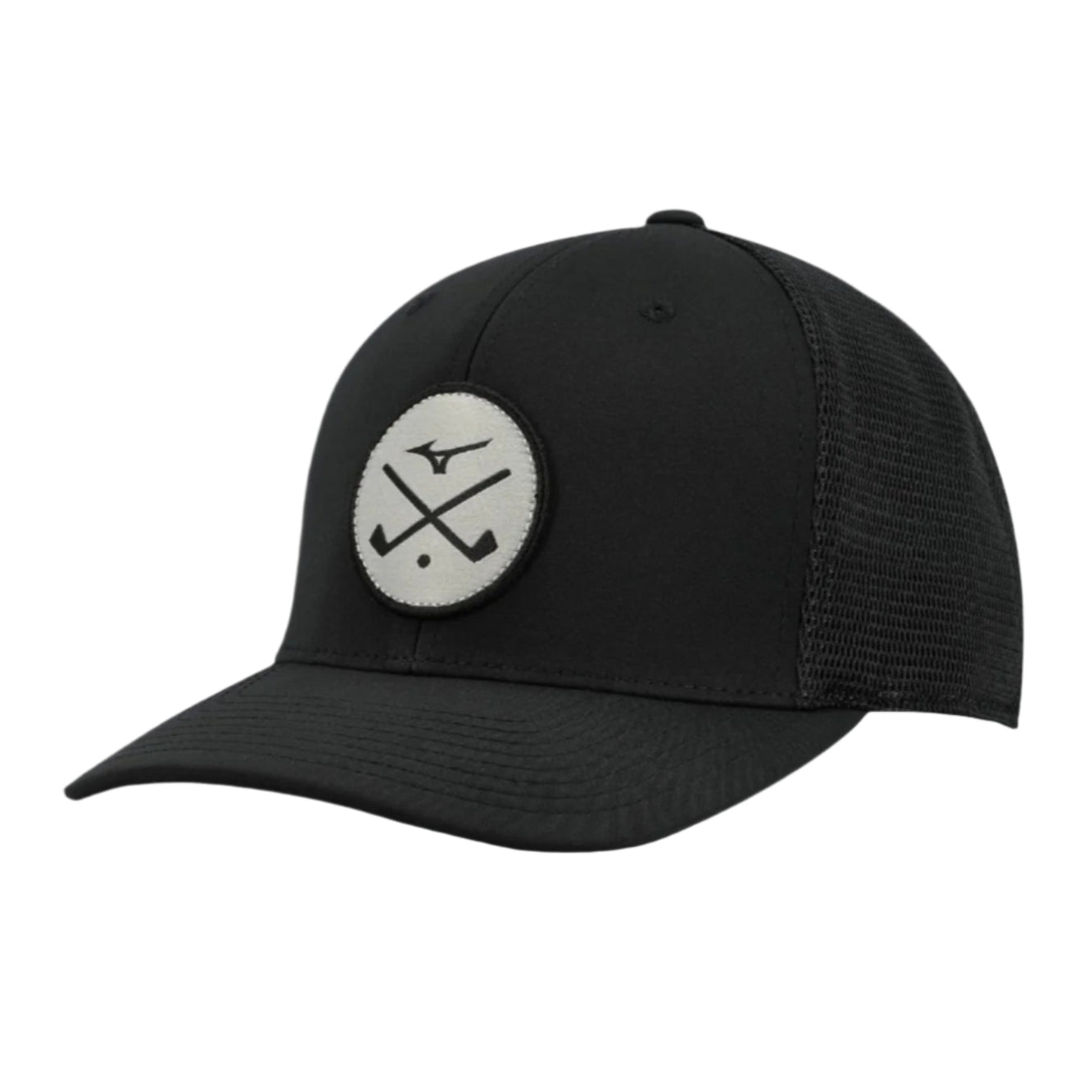 A black Mizuno Crossed Clubs Meshback Cap with an adjustable Velcro closure.
