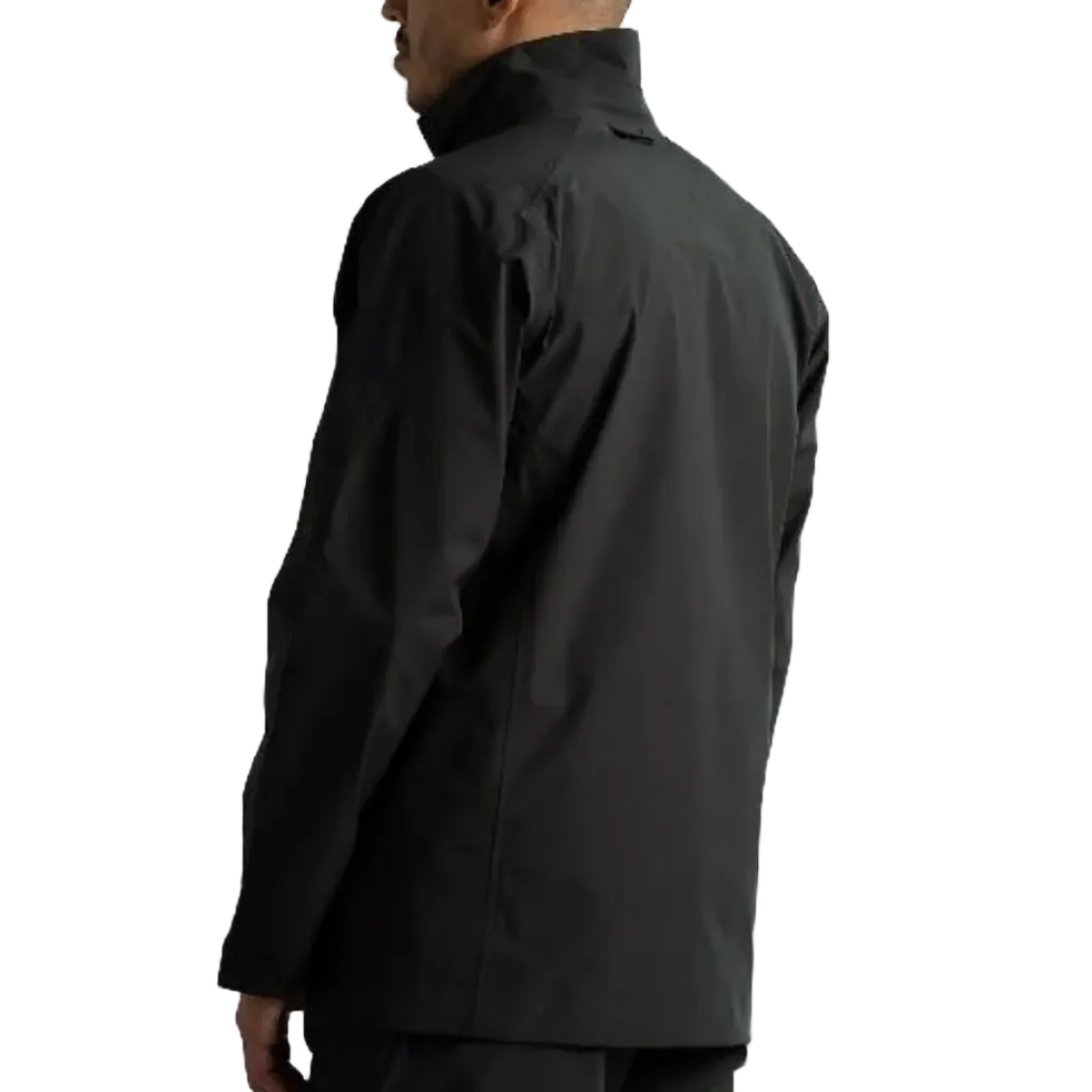 A man shown from the back wearing a black waterproof golf jacket and matching black pants