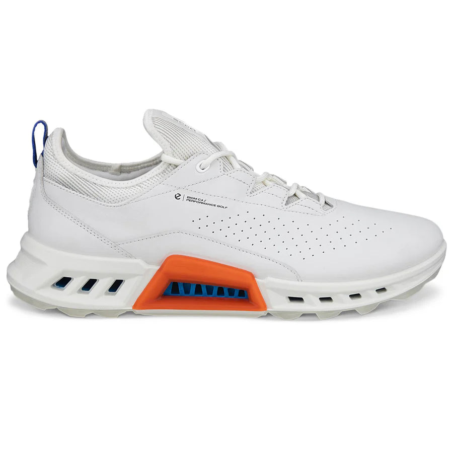 A pair of white ECCO Biom C4 golf shoes with orange and blue accents, featuring a low-top design and modern sneaker-style aesthetic.
