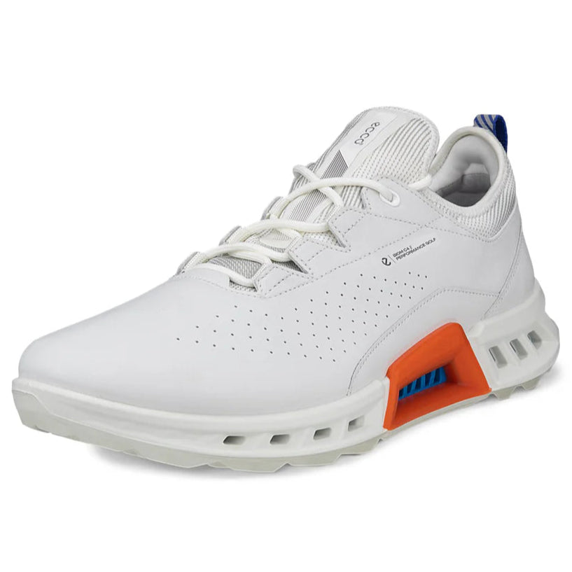 A pair of white ECCO Biom C4 golf shoes with orange and blue accents, featuring a low-top design and modern sneaker-style aesthetic.