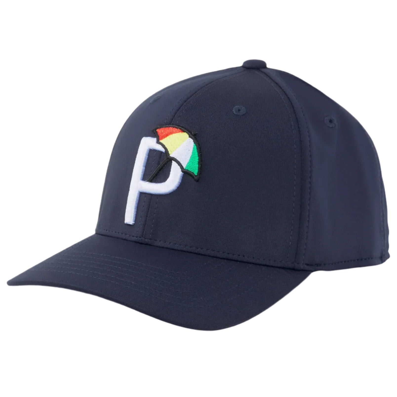 Navy blue cap with a colorful logo on a white background