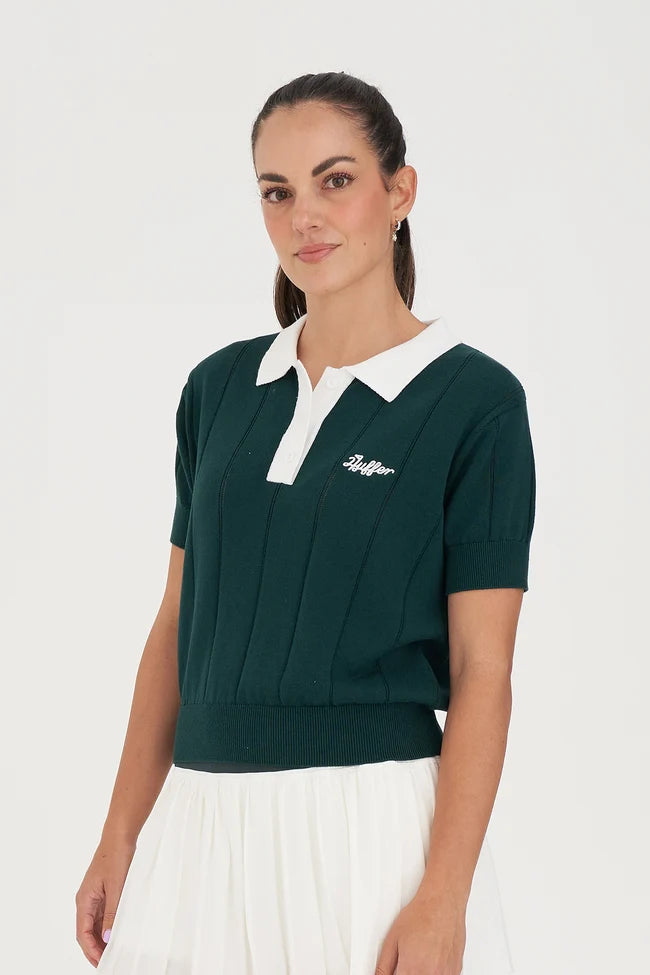 Huffer Women's Line Knit Polo - Golf Green/ White