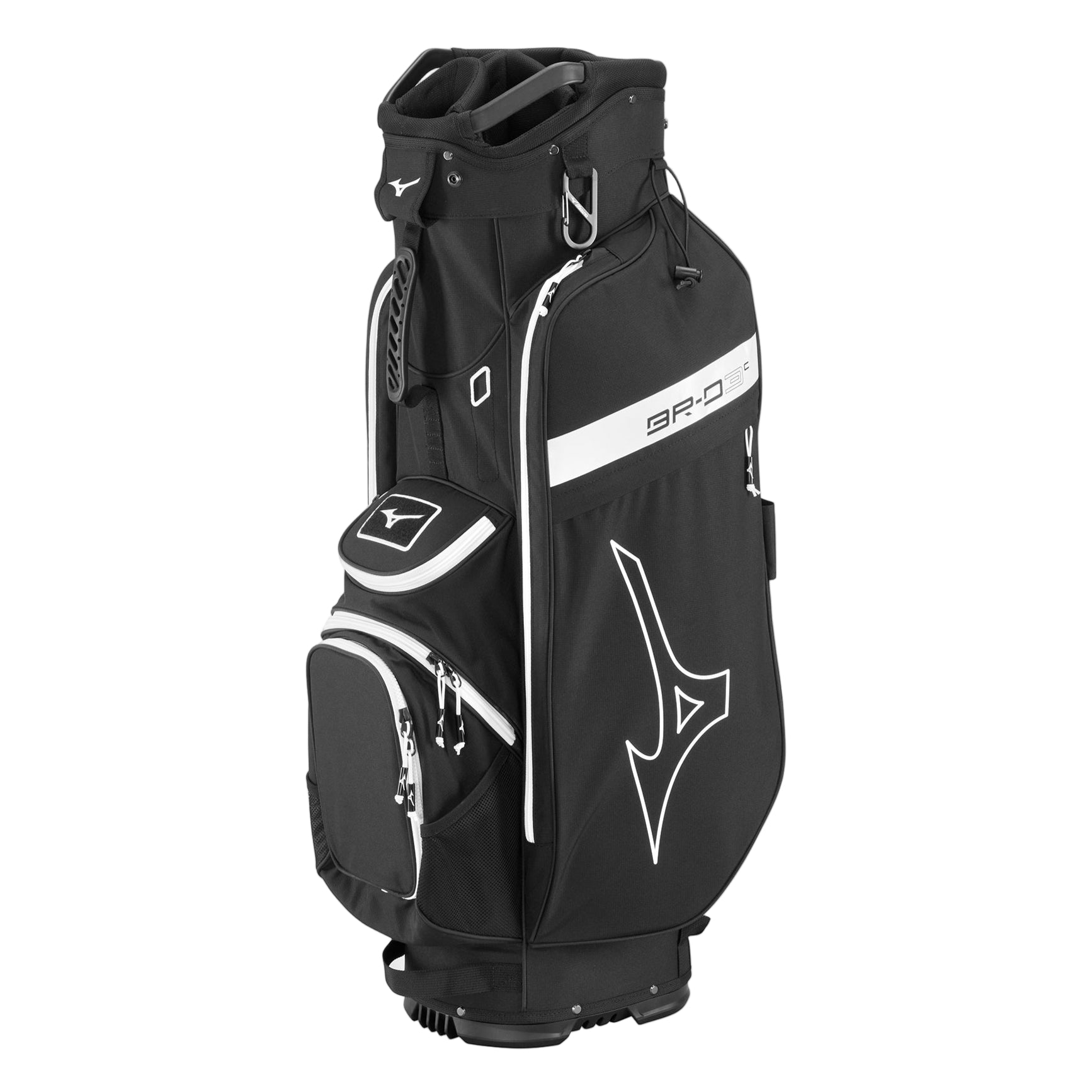 A black Mizuno BR-D3 cart bag with orange accents, featuring multiple pockets and a camouflage pattern.