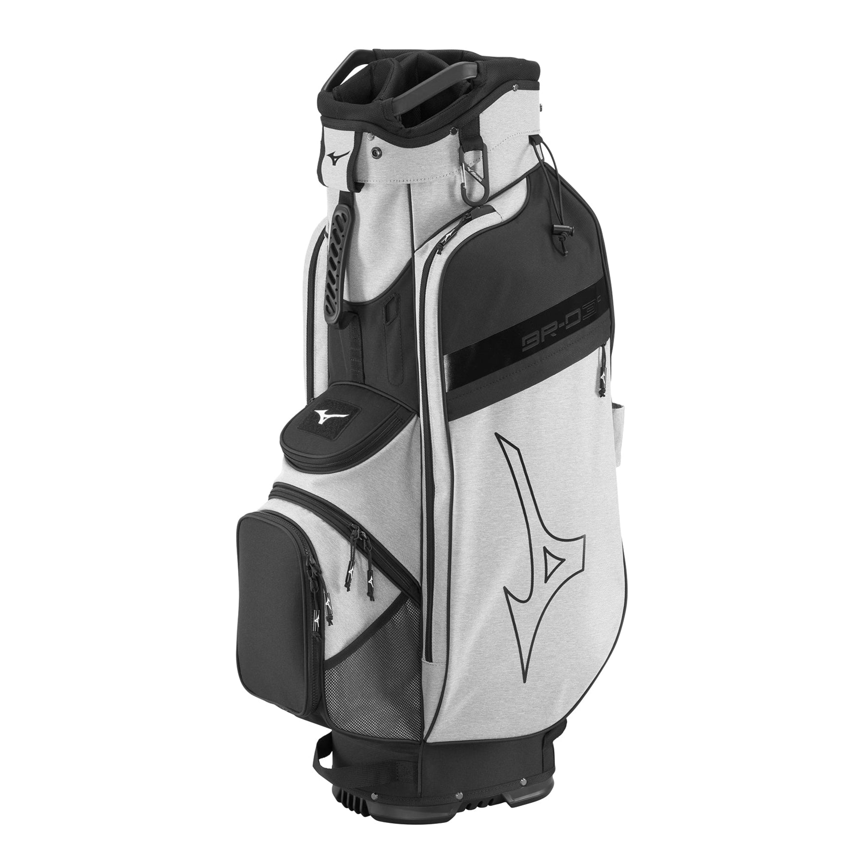 A Mizuno BR-D3 cart bag with accents, featuring multiple pockets and a camouflage pattern.