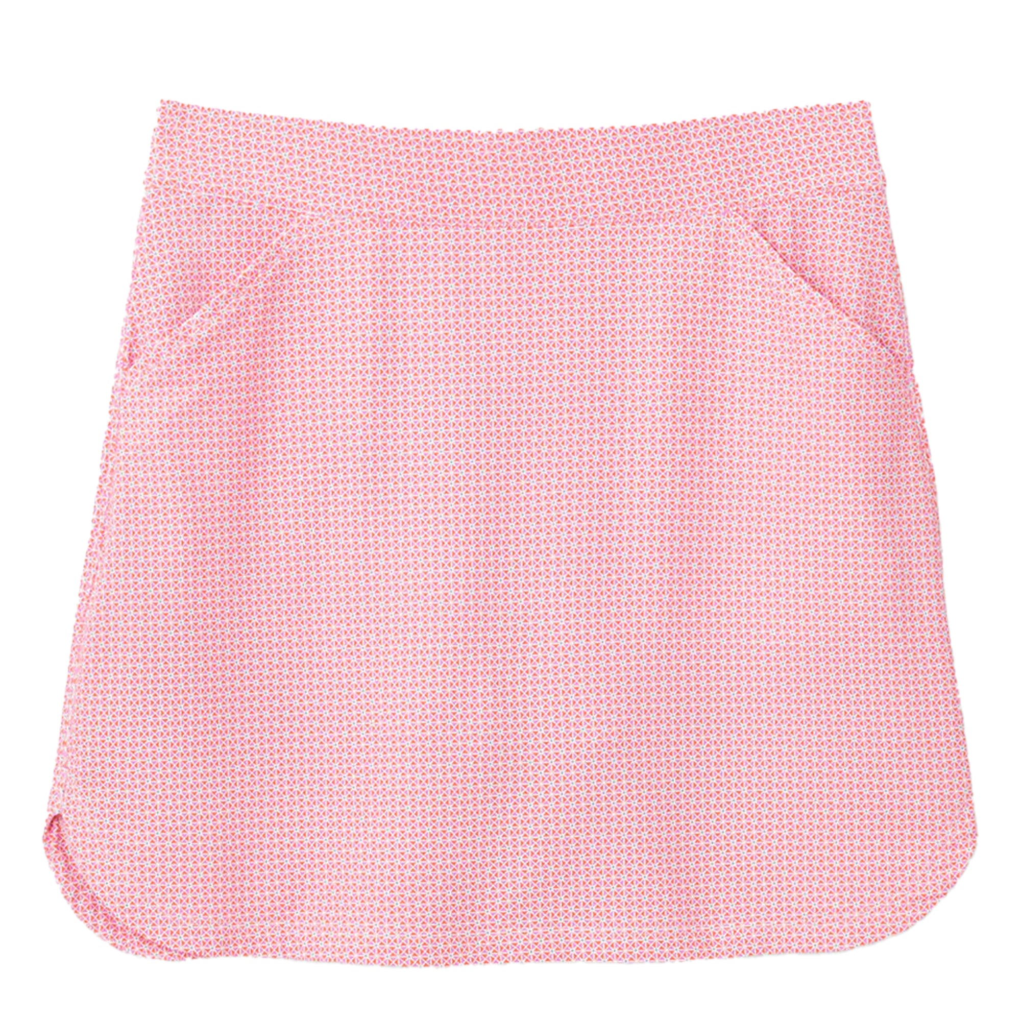 A pink skort with a geometric pattern, quarter-top pockets, and a petal hem.