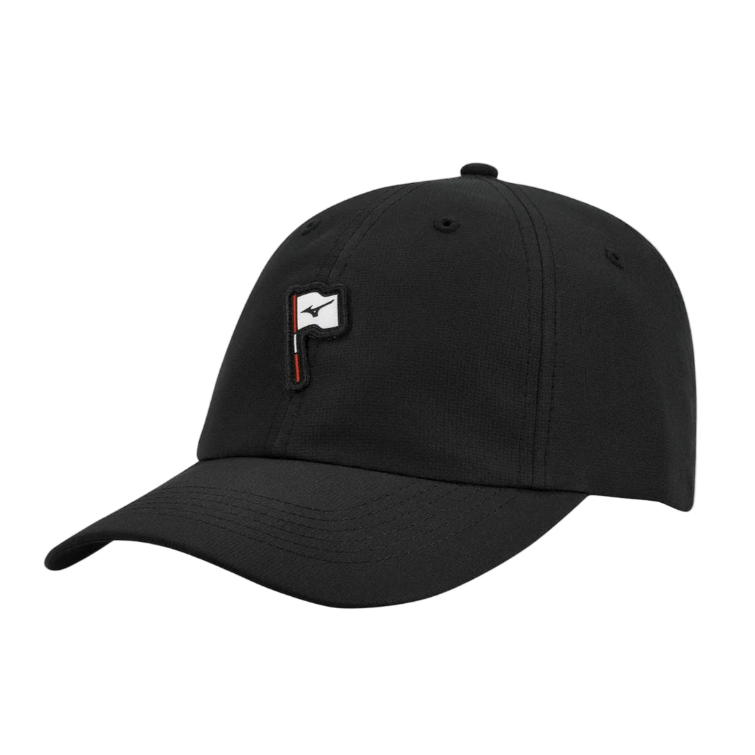 A black unstructured golf cap with an adjustable Velcro closure and a brand logo on the front.
