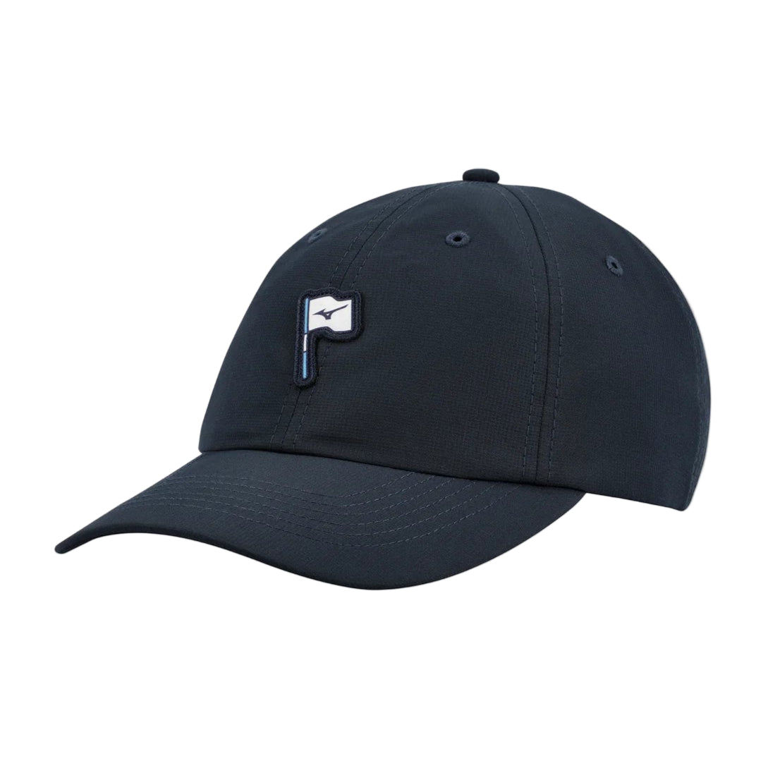 A navy-colored Mizuno Pin High Adjustable Cap with a performance sweatband and Velcro closure.