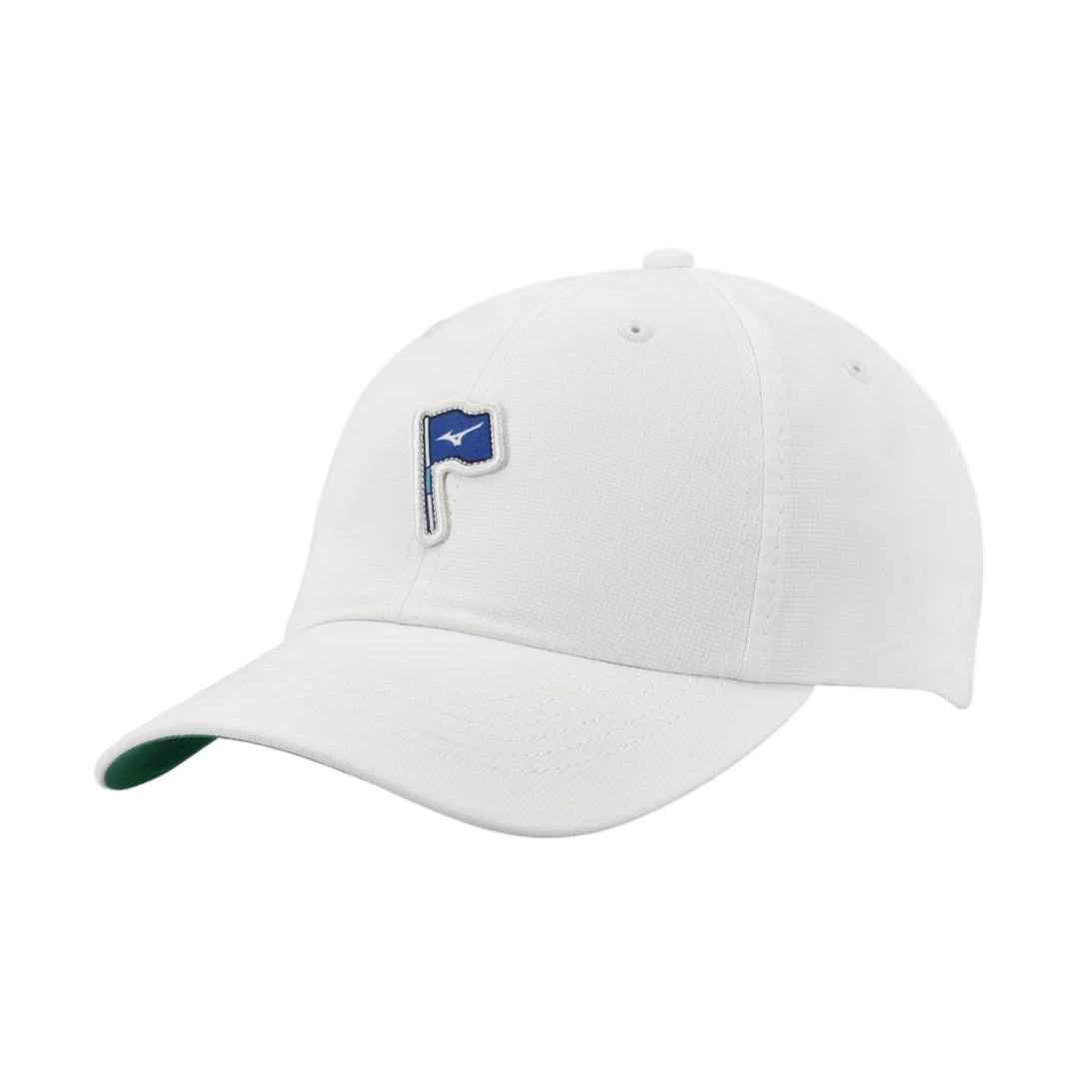 A white Mizuno Pin High Adjustable Cap with a blue and green logo on the front.