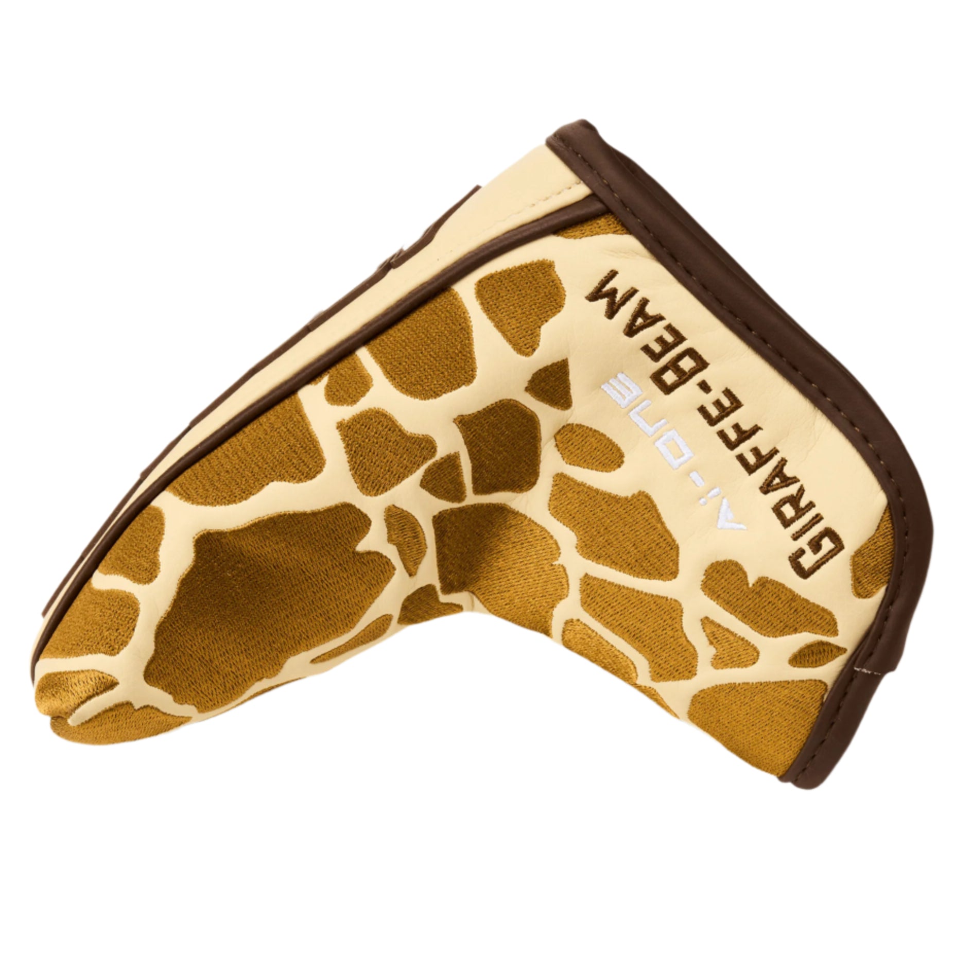 Golf club head cover with giraffe pattern on a white background
