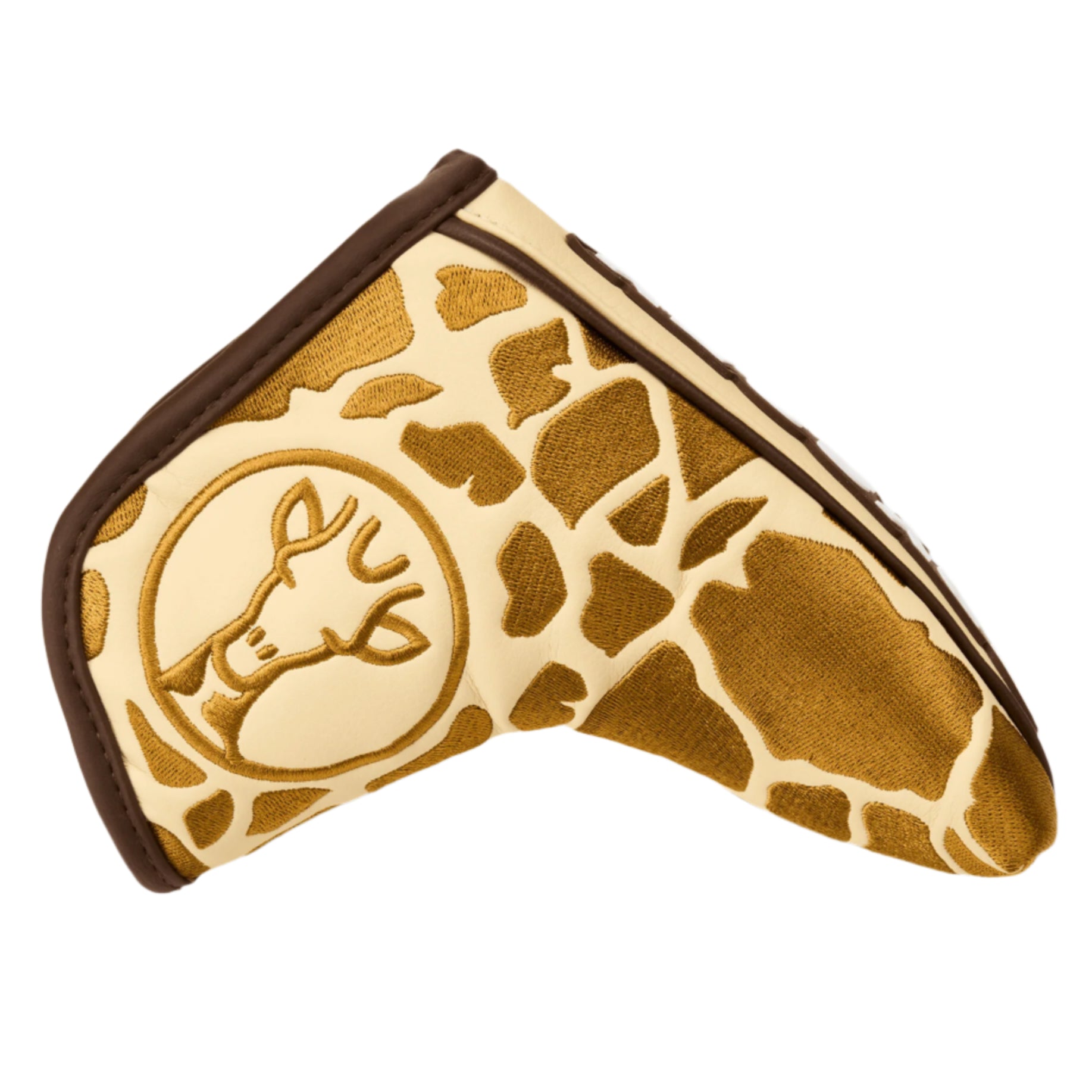 Golf club head cover with giraffe pattern and logo on a white background