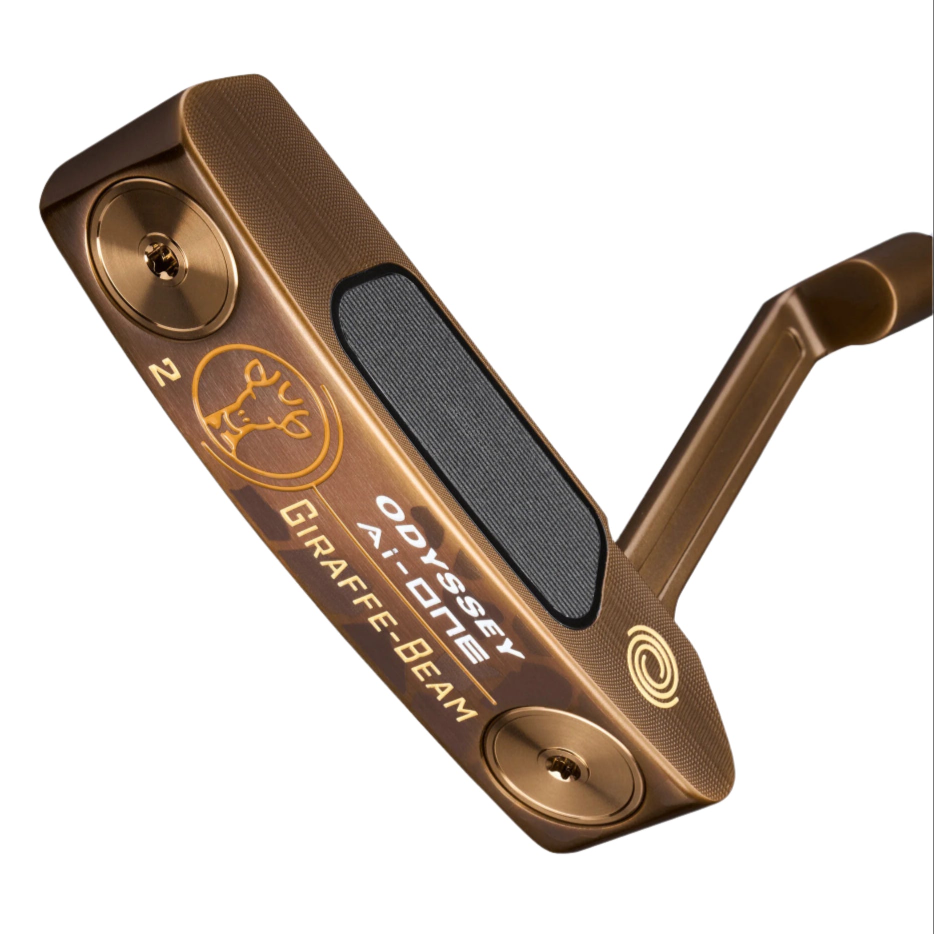 Brown golf putter with 'Odyssey' branding on a white background