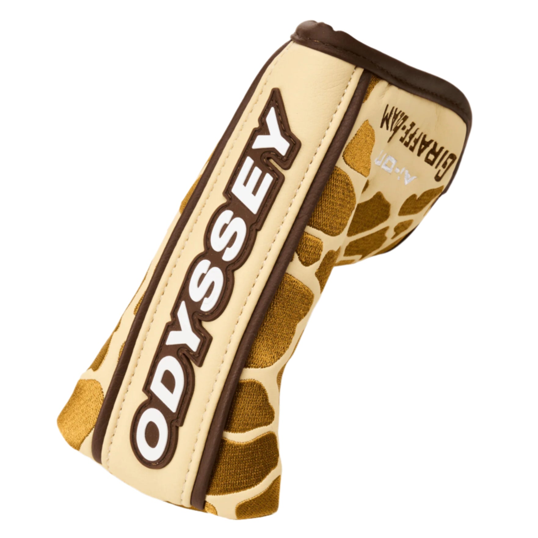 Golf club head cover with 'Odyssey' branding on a white background