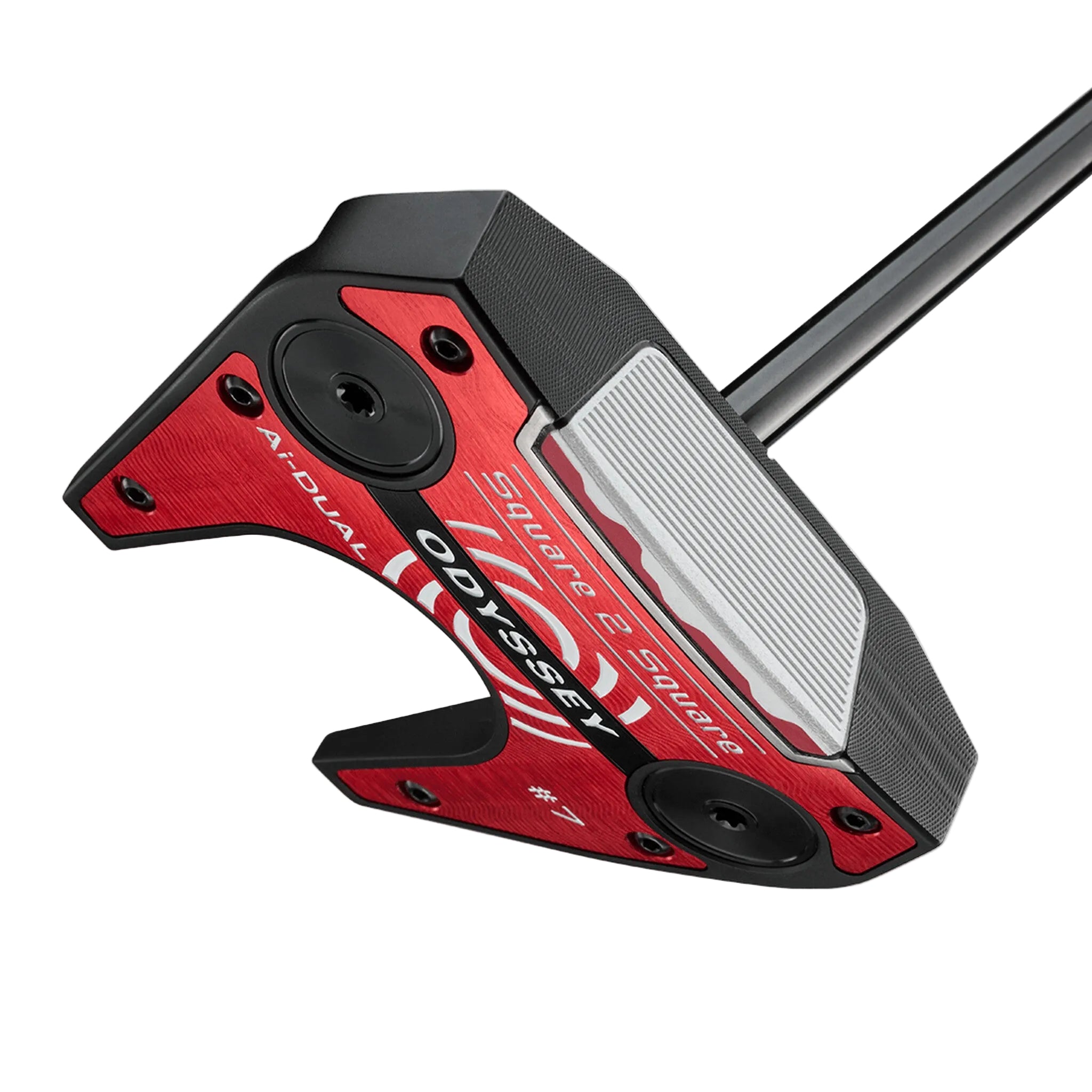 Red and black golf putter with 'Oyssey' branding on a white background