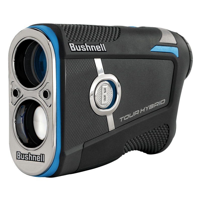 Bushnell Tour Hybrid golf rangefinder with black, blue, and silver colors featuring dual lens system and brand logo.