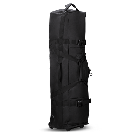 A vertical image of a black golf bag cover with multiple straps and handles.