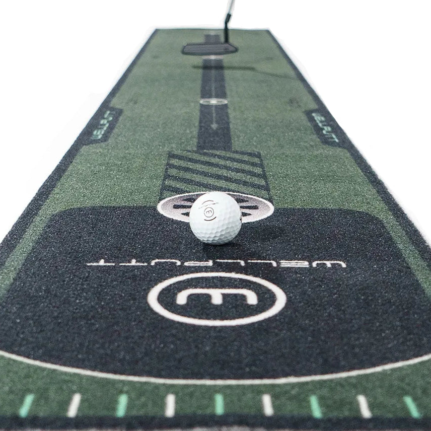 Golf putting mat with a ball on a white background