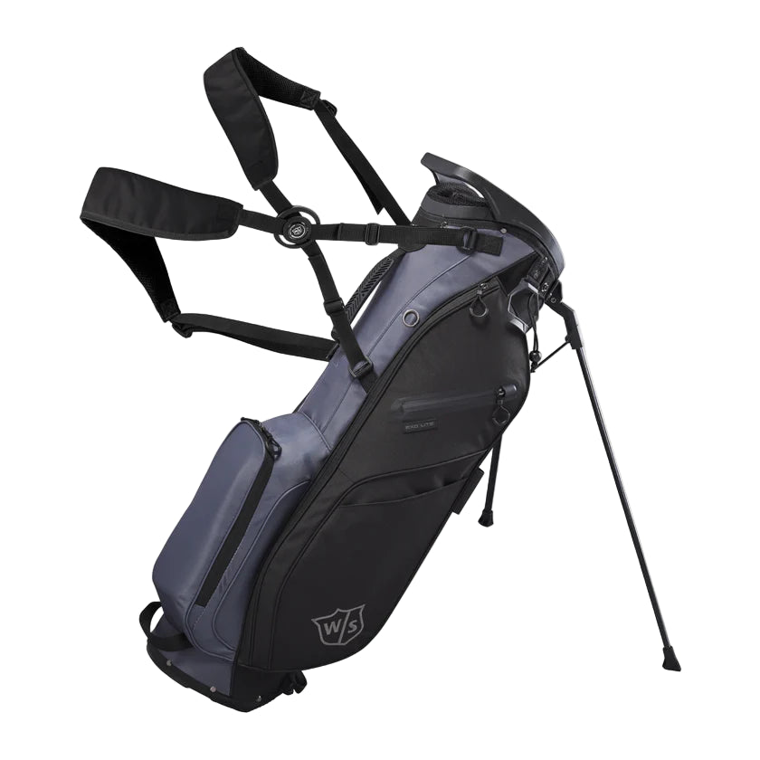 A black and gray Wilson Staff Exo Lite golf stand bag with multiple pockets and a brand logo on the side.