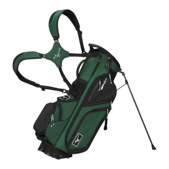 Green and black golf bag with a golf club on a white background