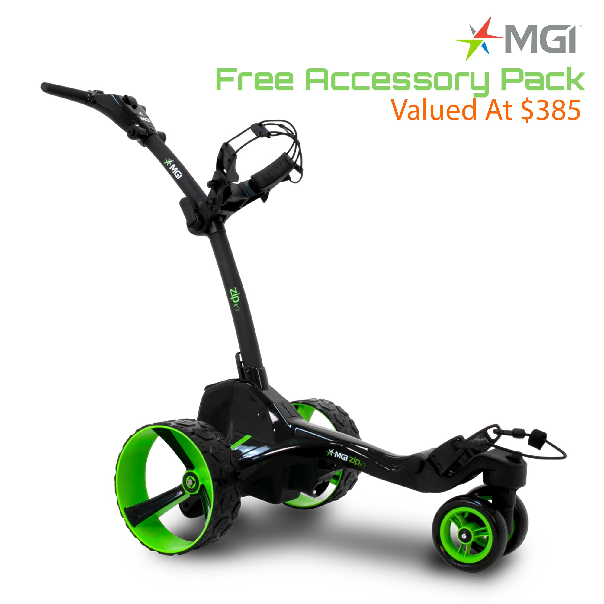Black golf electric trundler with green wheels on a white background, featuring MGI branding.
