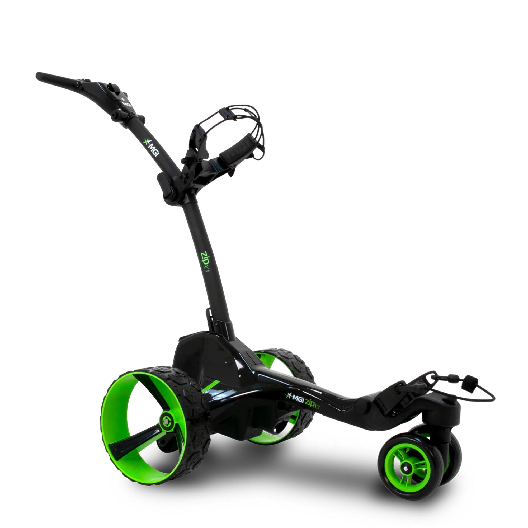 Black golf electric trundler with green wheels on a white background, featuring MGI branding.
