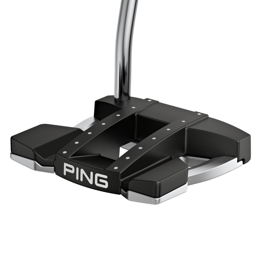 A black and silver PING Tomcat 14 putter with a silver neck and a mallet design, featuring dotted alignment lines and a smooth milled face.
