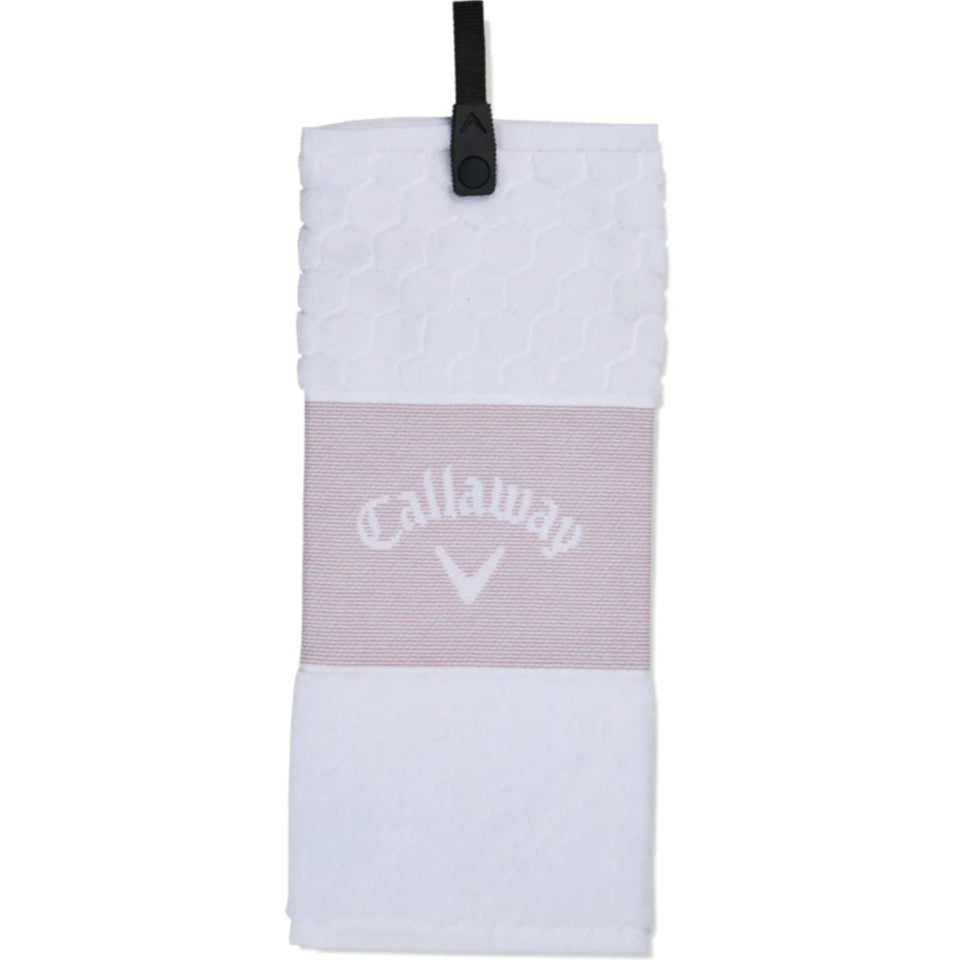 A white Callaway tri-fold golf towel with a logo in the center and a snap attachment.
