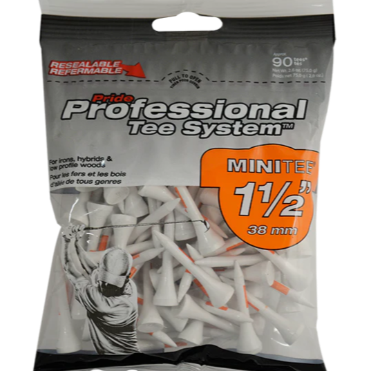 A pack of Pride Professional Tee System golf tees, with red stripes, in a resealable plastic bag.