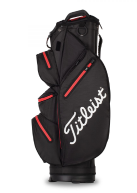 A red and black Titleist Stadry Cart 14 golf cart bag with multiple compartments and the brand logo displayed on the side.