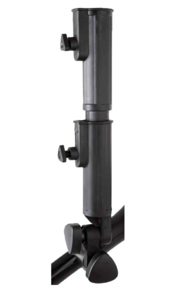 A black umbrella holder extender, designed to add additional height to the umbrella, with adjustable screw mechanisms.