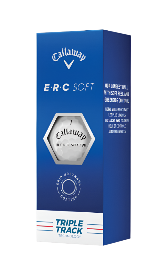 A sleeve of Callaway ERC Soft golf balls with packaging indicating the product features and alignment technology.