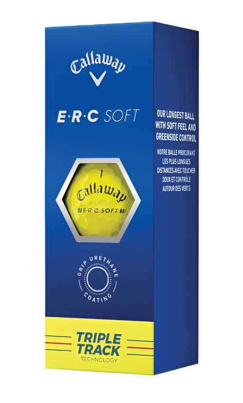 A sleeve of Callaway ERC Soft Yellow Golf Balls with packaging that includes the brand name, product name, and features like maximum ball speed, high energy core, and triple track technology.