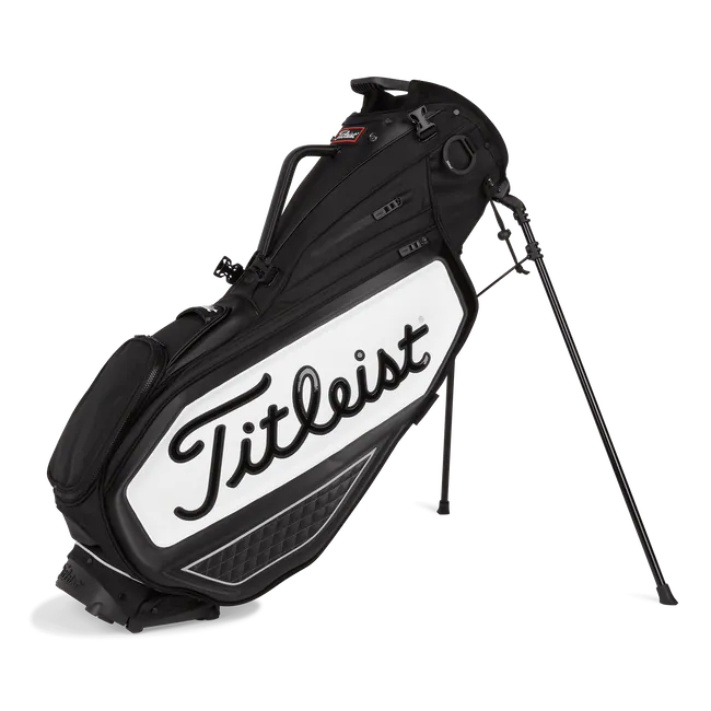 A black and white Titleist Premium Stand Bag featuring a large Titleist logo on the side.