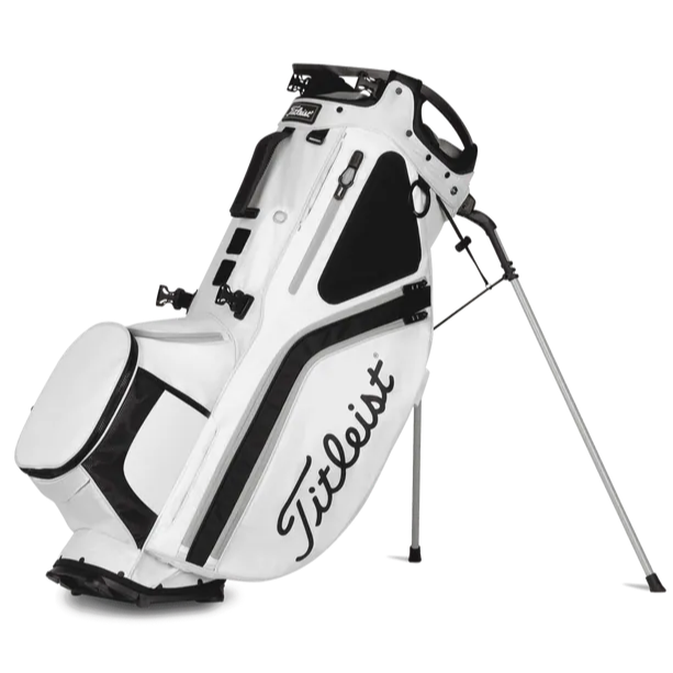 A black and white Titleist Hybrid 14 Stand Bag, featuring multiple pockets and a double strap system