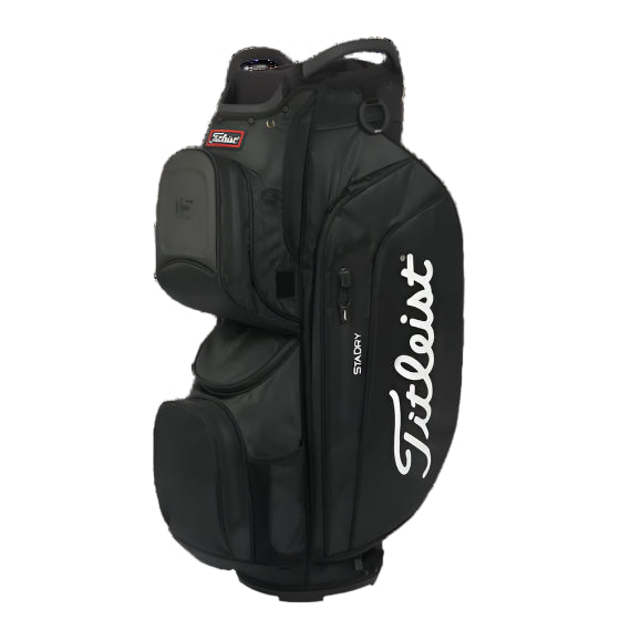 A black Titleist Cart 15 StaDry golf cart bag with multiple compartments and the brand logo on the side.