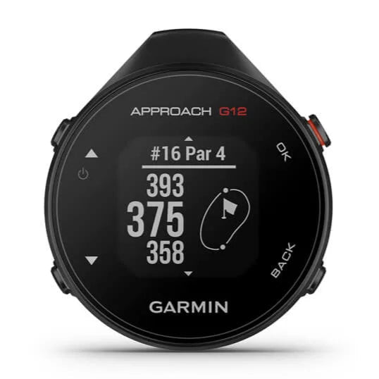 Garmin Approach G12 handheld GPS golf rangefinder with a black casing, displaying a screen showing the course number and yardage.