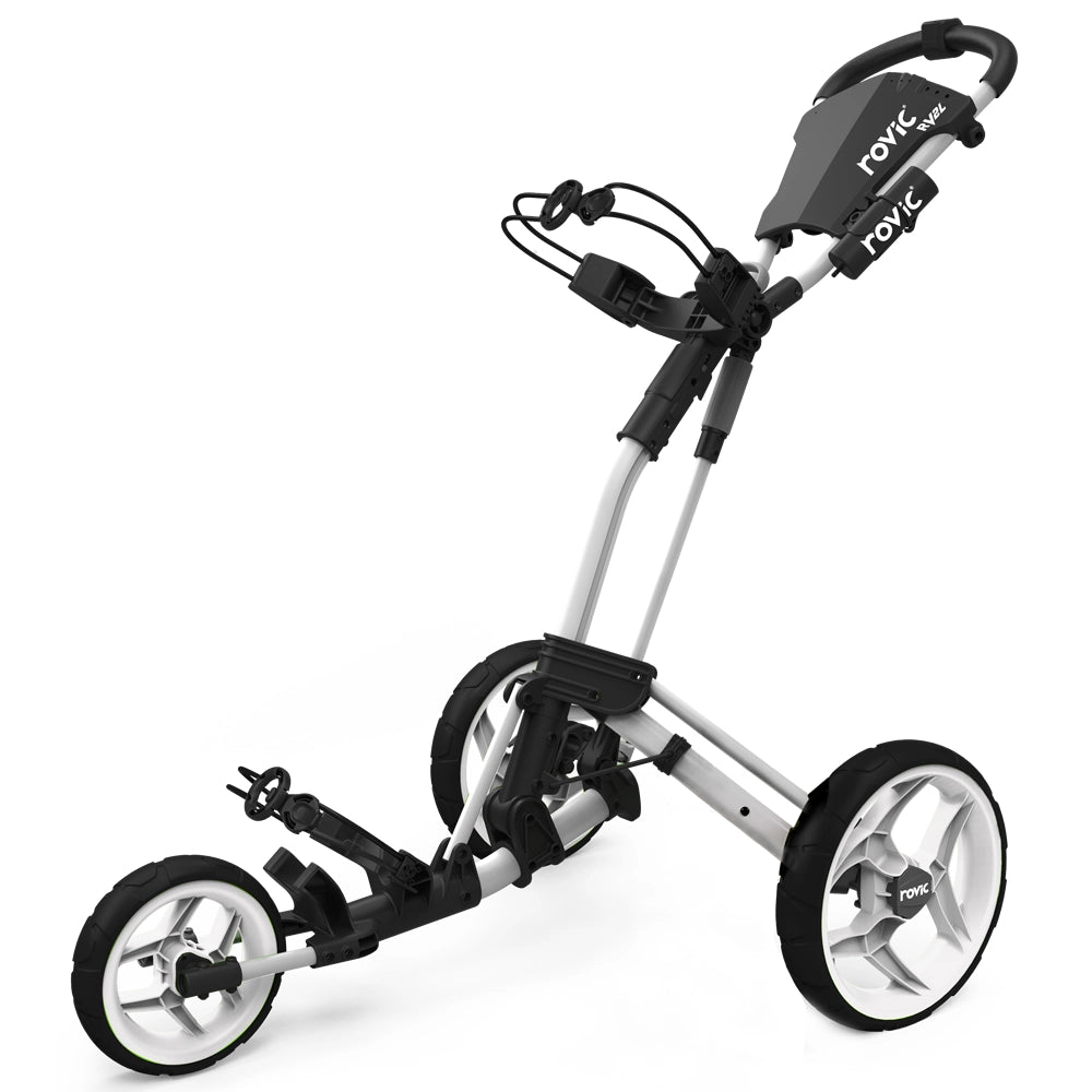 A silver and black ClicGear Rovic RV2L Push Trundler golf trolley with three wheels and a pull handle.