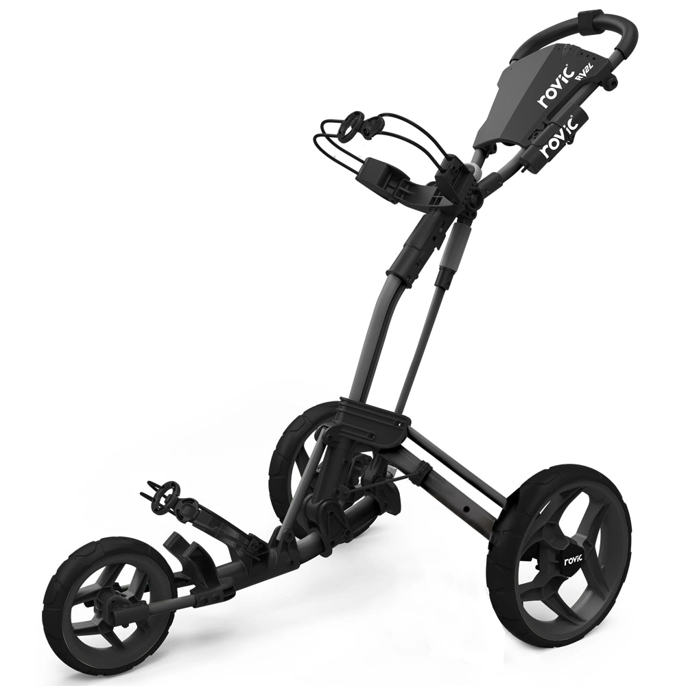 A ClicGear Rovic RV2L Push Trundler golf trolley with three wheels and a pull handle.