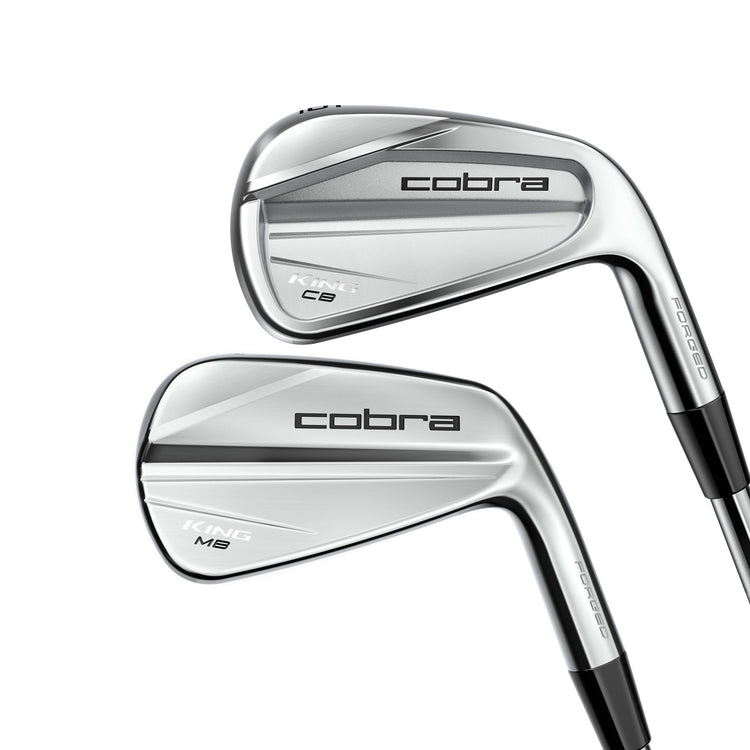 A set of Cobra King CB/MB Iron golf clubs, with silver heads and black and silver shafts, including both cavity back and muscle back designs.