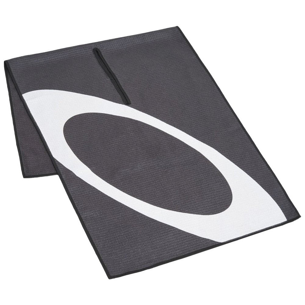 A gray Oakley Player Terrain Towel with the brand's logo printed in white on one side.