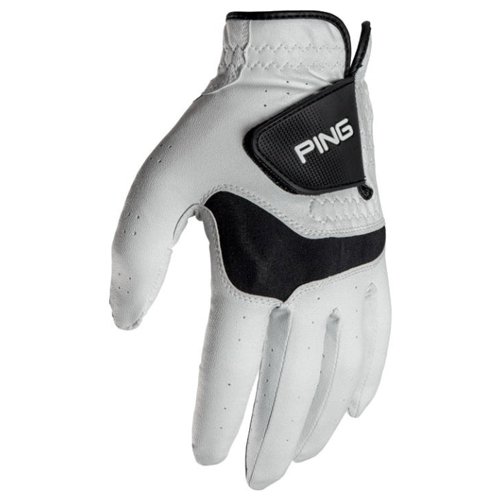 A single white and black Ping brand men's golf glove with synthetic leather and moisture-wicking technology.