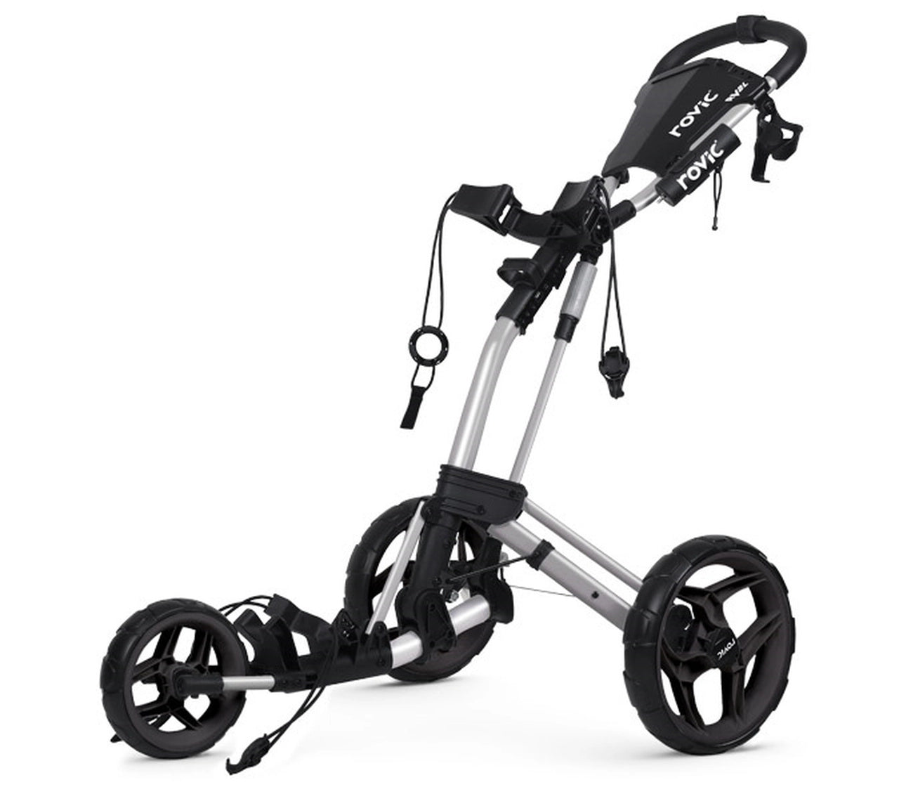 A silver and black ClicGear Rovic RV2L Push Trundler golf trolley with three wheels and a pull handle.