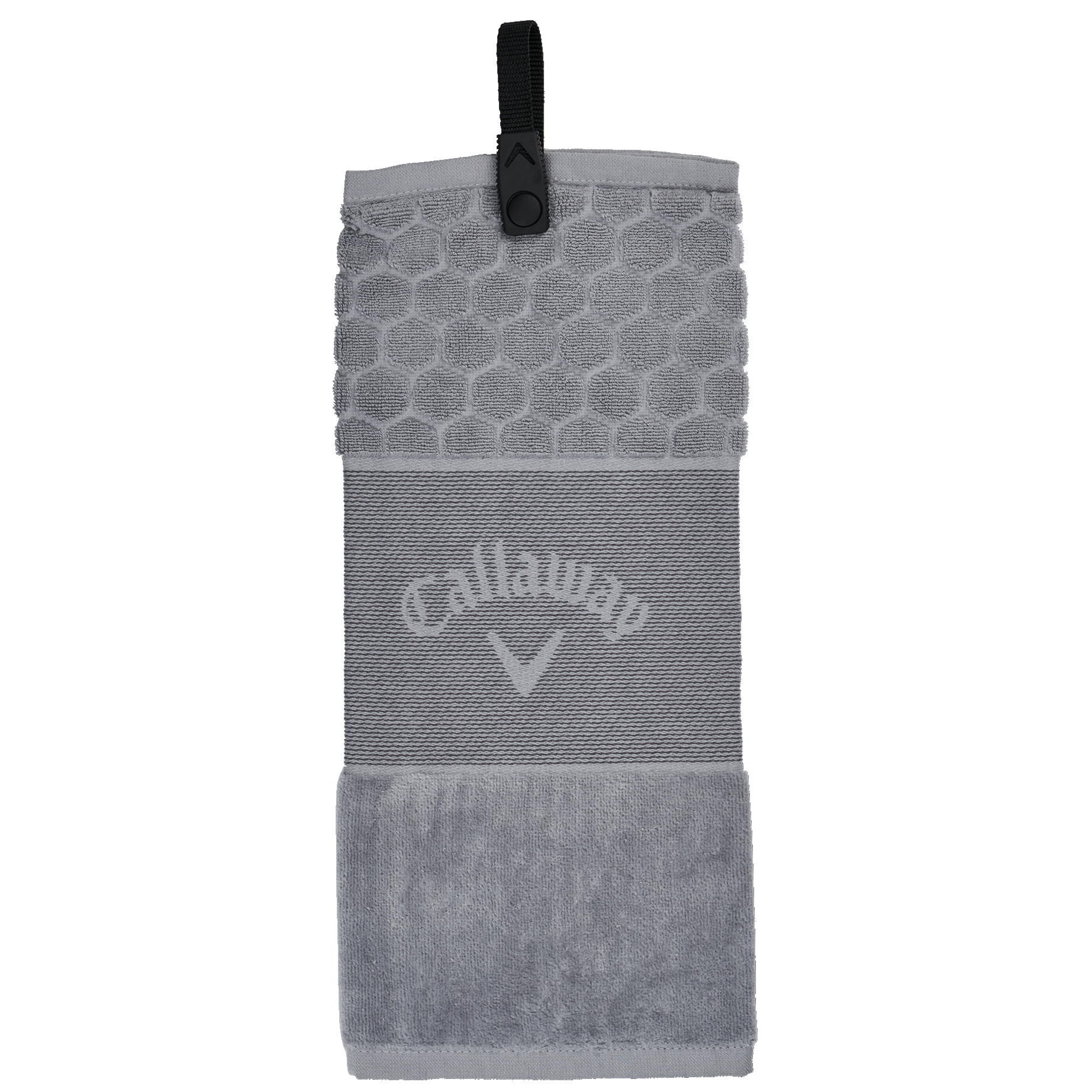 A black and gray Callaway tri-fold golf towel with a logo in the center and a snap attachment.