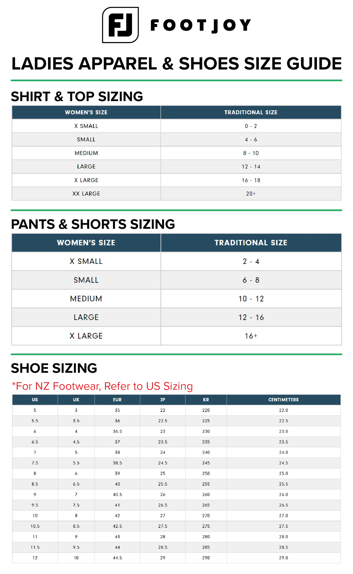 FootJoy ladies size chart