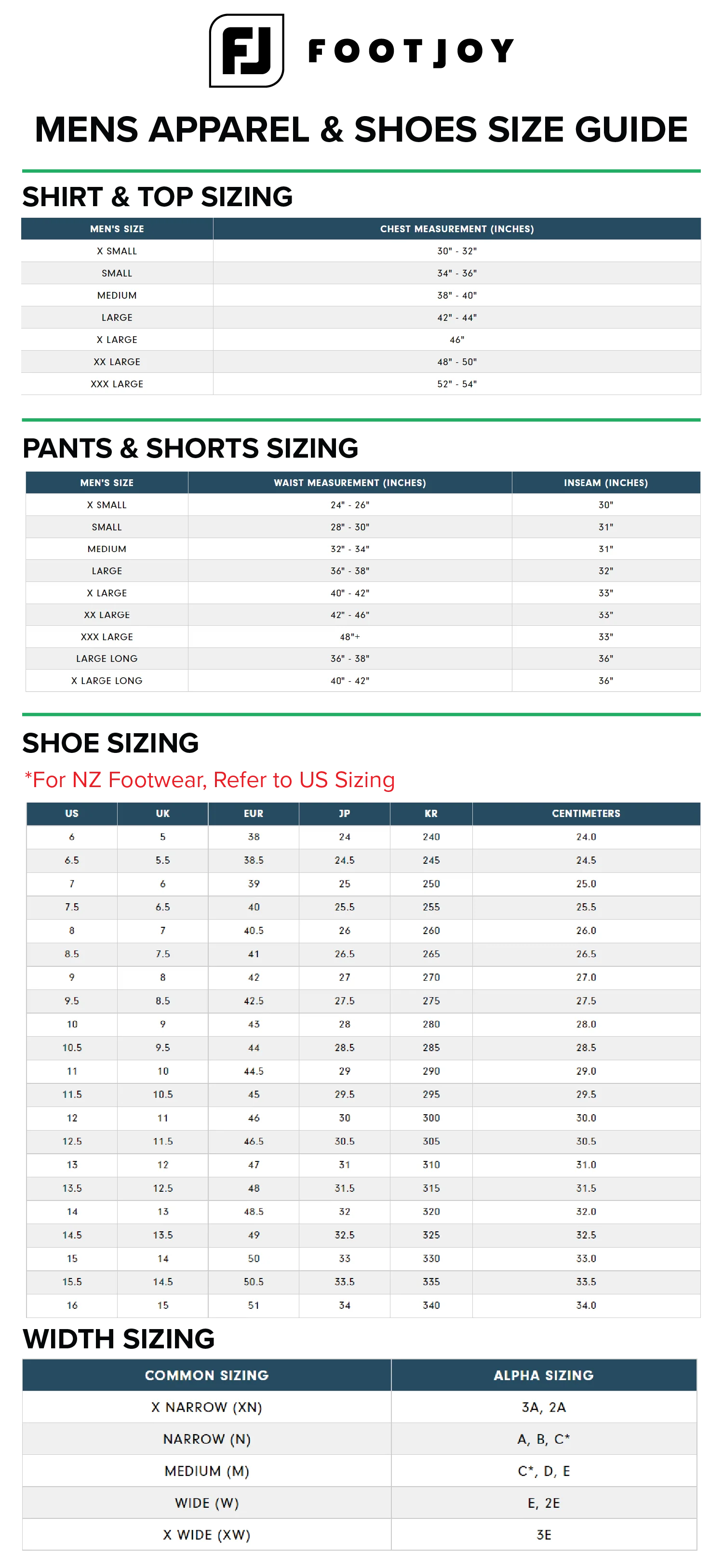 FootJoy mens size chart
